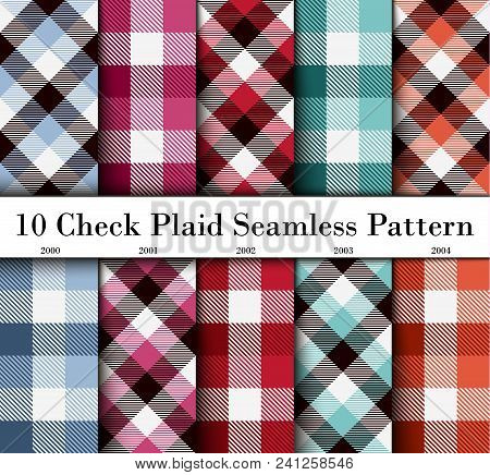 Set 10 Check Plaid Seamless Pattern In  Blue, Crimson, Red, Green And Orange Colors. Template For Cl