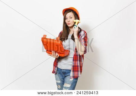 Young Fun Woman In Protective Hardhat Holding Opened Case With Instruments Or Toolbox And Beating He