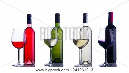 High Glasses With Wine - Still Rose, White And Res Wines With Wine Bottle Isolated On White Backgrou