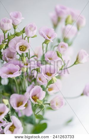 Bunch Of Lilac Eustoma Flowers In Glass Vase. Love Vintage Background With Flowers