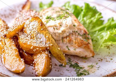 Fried Chicken Fillet  Pear And Dorblu Sauce With Sesame