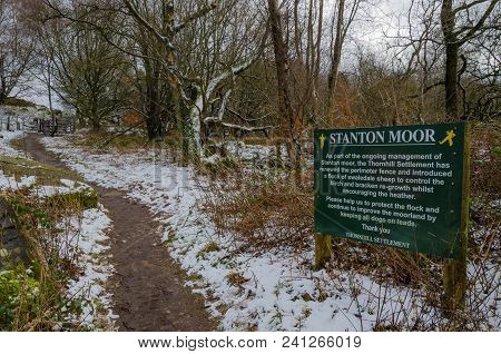 Stanton Moor, Derbyshire, Uk: February 11, 2018: A Sign Explains How Thornhill Settlement Are Managi
