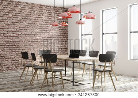 Modern Loft Meeting Room Interior With Furniture, Equipment, City View And Daylight. 3d Rendering