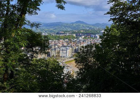 San Sebastian, Spain - May 10, 2018. Aerial View Of The Port Of San Sebastian With The Concha Beach 