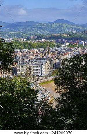 San Sebastian, Spain - May 10, 2018. Aerial View Of The Port Of San Sebastian With The Concha Beach 