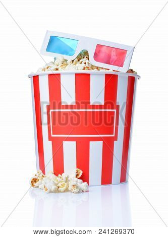 Large Bucket Of Appetizing Salty Popcorn With 3D Anaglyph Glasses