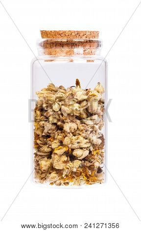 Orange Mullein Verbasci Flos In A Bottle With Cork Stopper For Medical Use.