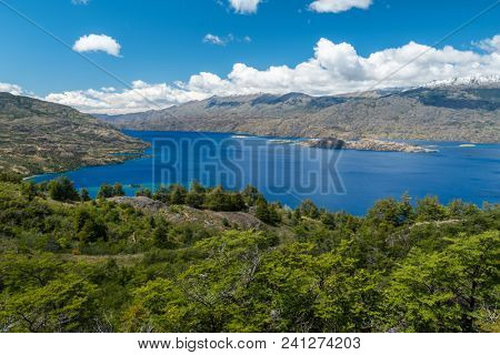 Lake of Cochrane with clear blue water during sunny day. Patagonia, Chile