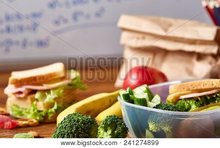 Back To School Concept, School Supplies, Assortment Of Biscuits, Paper Paper With Food And Transpare
