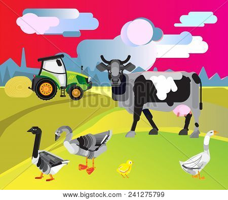Farm With Cow And Poultry Vector Illustration. Rural Landscape With A Dairy Farm. Farm Animals Backg