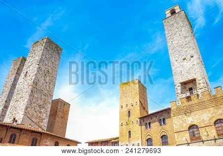 San Giminiano, Italy, The Famous Medieval Towers Of The Old Town, Seen From Duomo Square