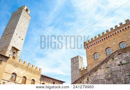 San Giminiano, Italy, The Famous Medieval Towers Of The Old Town, Seen From Duomo Square