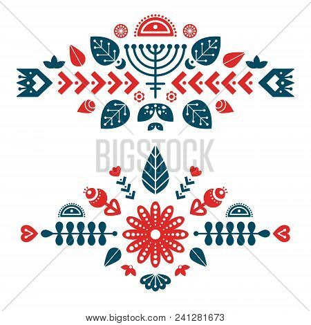 Nordic Ornaments, Folk Art Pattern. Two Decorative Composition. Vector Template For Your Design.