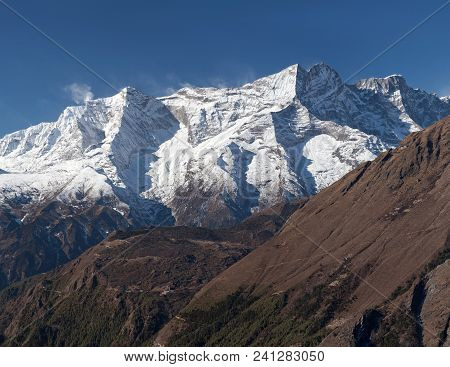 Panorama Of Thamserku And Kangtega Mountain View On The Road To Everest Base Camp In Sagarmatha Nati