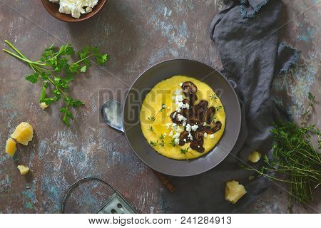 Cheesy Italian Polenta With Fryed Mushrooms, Parmesan And Goat Milk Cheese And Herbs, View From Abov