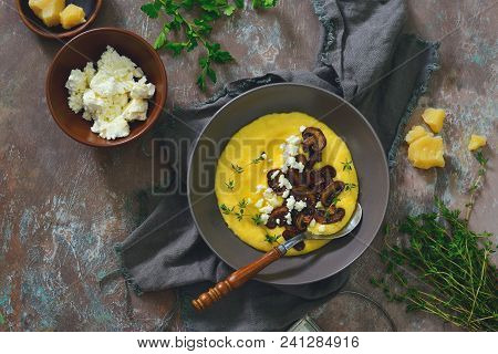 Cheesy Italian Polenta With Fryed Mushrooms, Parmesan And Goat Milk Cheese And Herbs, View From Abov