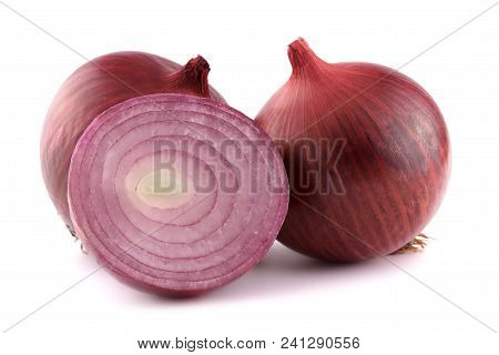 Red Whole And Sliced Onion Isolated On White Background.