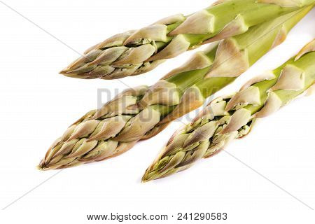 Green Fresh Asparagus Sprouts Isolated On White Background.