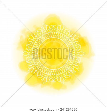 Mandala Over Yellow  Watercolor Fog Background. Beautiful Vintage Round Pattern. Hand Drawn Abstract