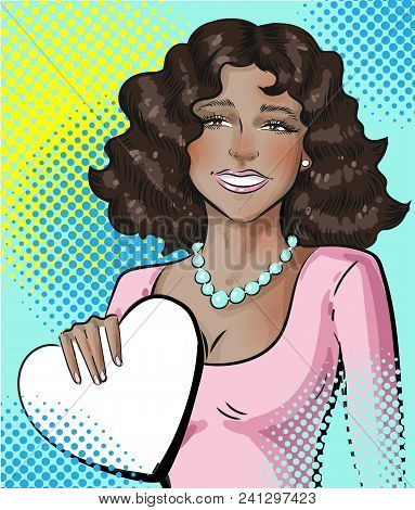 Vector Portrait Of Young Pretty Woman Smiling And Holding White Handbag In Shape Of Heart In Her Han