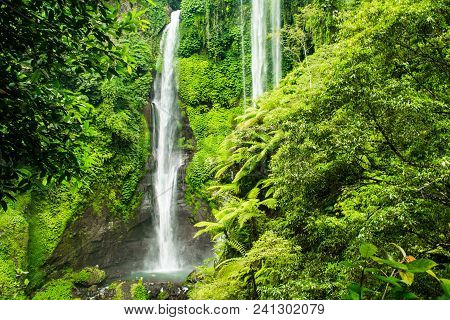 Sekumpul Waterfall In Bali Surrounded By Tropical Forest