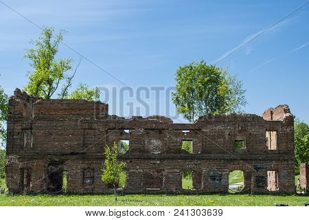 Panoramic View The Ruins Of A Historic Historic House. Ruined House. Old Historic Ramshackle House