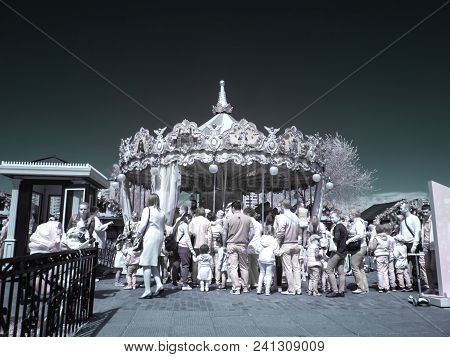 Moscow, Russia - May 09.2018: Infrared Photography. Festive Fair On Victory Day On May 9 In The Novo