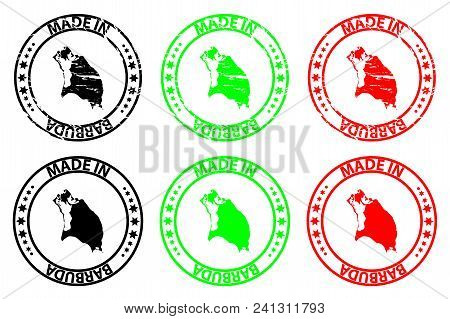 Made In Barbuda - Rubber Stamp - Vector, Barbuda Map Pattern - Black, Green And Red