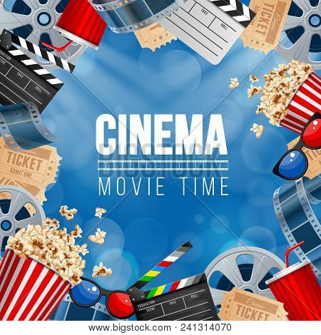 Cinematograph Concept Banner Design Template With Popcorn, Drink, Film Reel, Film Tape, Clapperboard