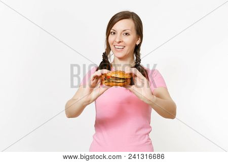Young Beautiful Woman In Pink T-shirt With Braids Holding In Hands Burger Isolated On White Backgrou