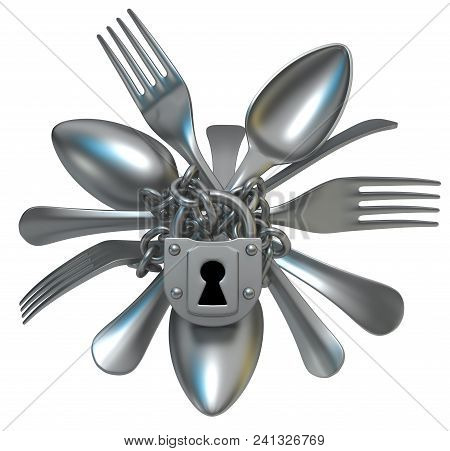 Fork And Spoon Cutlery Chain Locked, 3d Illustration, Horizontal, Isolated, Over White