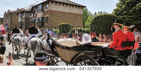 Windsor, England - May 19 2018: Prince Harry, Duke Of Sussex And Meghan, Duchess Of Sussex Leave Win