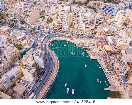Beautiful Aerial View Of The Spinola Bay, St. Julians And Sliema Town On Malta.