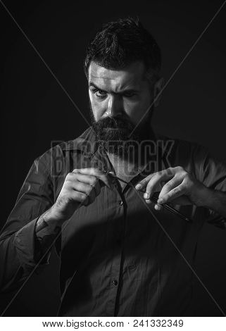 Portrait Man Ready To Shaving His Beard With Sharp Razor. Young Hairdresser Wearing Stylish Shirt De