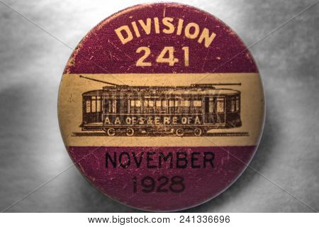 Antique Pinback Button Chicago Trolley Union Member Division 241 , November 1928 Closeup On A Grey B