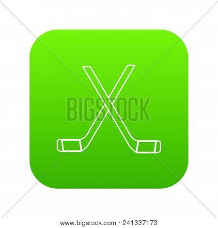 Two Crossed Hockey Sticks Icon Green Vector Isolated On White Background