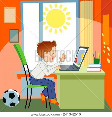Young Boy Working On Laptop Computer Concept For Education, Learning, Internet, Homework And Social 