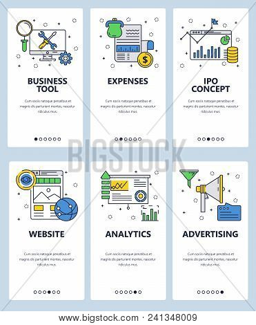 Vector Set Of Mobile App Onboarding Screens. Business Tools, Expenses, Ipo Concept, Website, Analyti