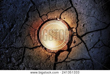 Shiny Golden Substratum Cryptocurrency Coin On Dry Earth Dessert Background Mining Crash Photo Compo