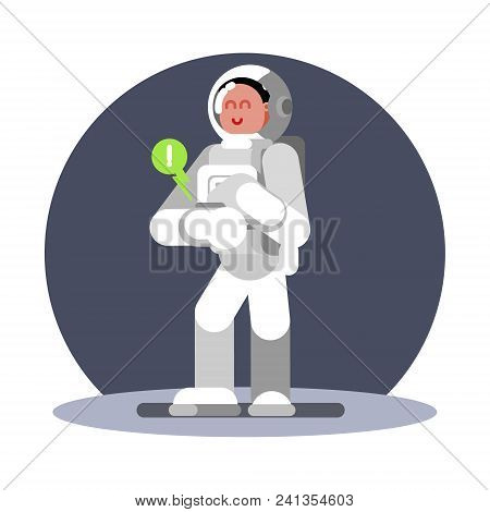 Woman Cosmonauts Hand Computer Work Well. Vector Illustration, Eps 10