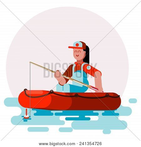 Woman In Boat Try To Cach A Fish. Vector Illustration, Eps 10