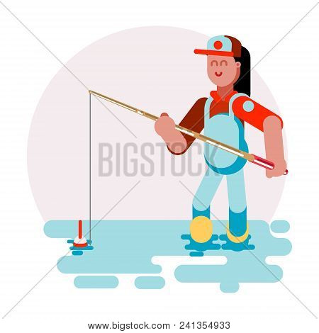 Woman Standing In Water And Try To Cach A Fish. Vector Illustration, Eps 10