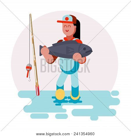 Woman Standing In Water With Big Fish In Her Hands. Vector Illustration, Eps 10