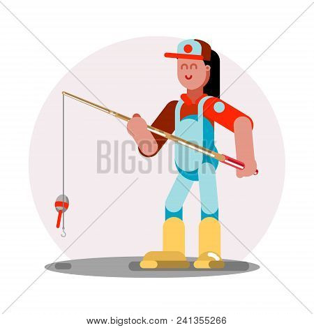 Woman Standing With Fishing Rod. Vector Illustration, Eps 10