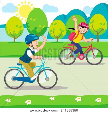 Doodle Illustration Of Little Kids Wearing Helmets While Biking