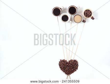 Coffee Time Coffee Break. Assorted Coffee Mugs Espresso Cappuccino Latte Coffee Bean In The Form Of 