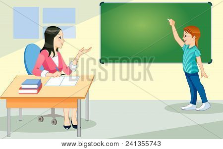 School Kid In Class. Teacher. Happy Child Against Green Blackboard. Education Concept