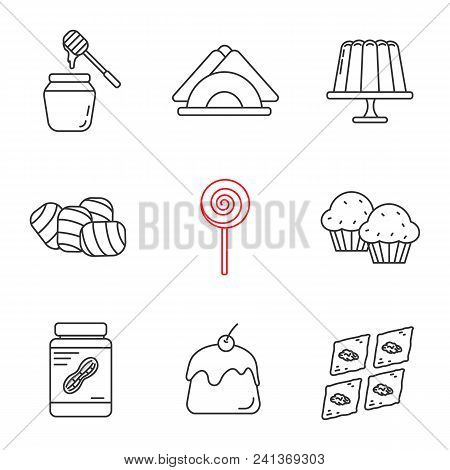 Confectionery Linear Icons Set. Contour Symbols. Honey Jar, Jelly Pudding, Table Napkins, Marshmallo