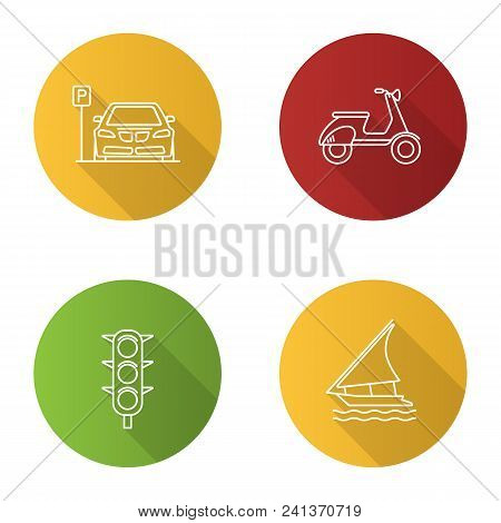 Public Transport Flat Linear Long Shadow Icons Set. Modes Of Transport. Parking Zone, Scooter, Traff