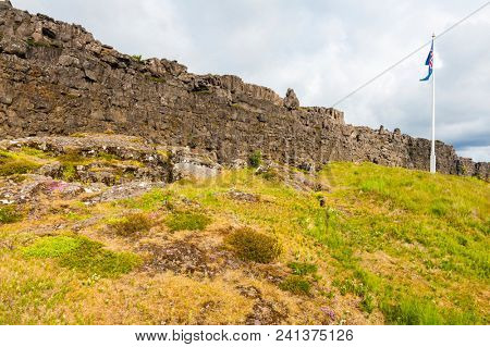 Location of Althing, the oldest parliament on the Earth, is marked by Icelandic flag. Thingvellir national park, Iceland